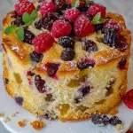 Moist fruit cake topped with fresh raspberries, dark cherries, and golden raisins, served on a white cake stand.