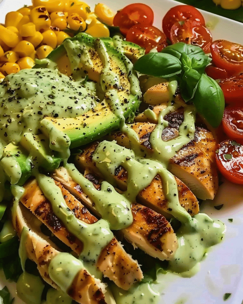 Grilled chicken salad bowl with avocado slices, corn, cherry tomatoes, fresh basil, and creamy green dressing, topped with cracked black pepper.
