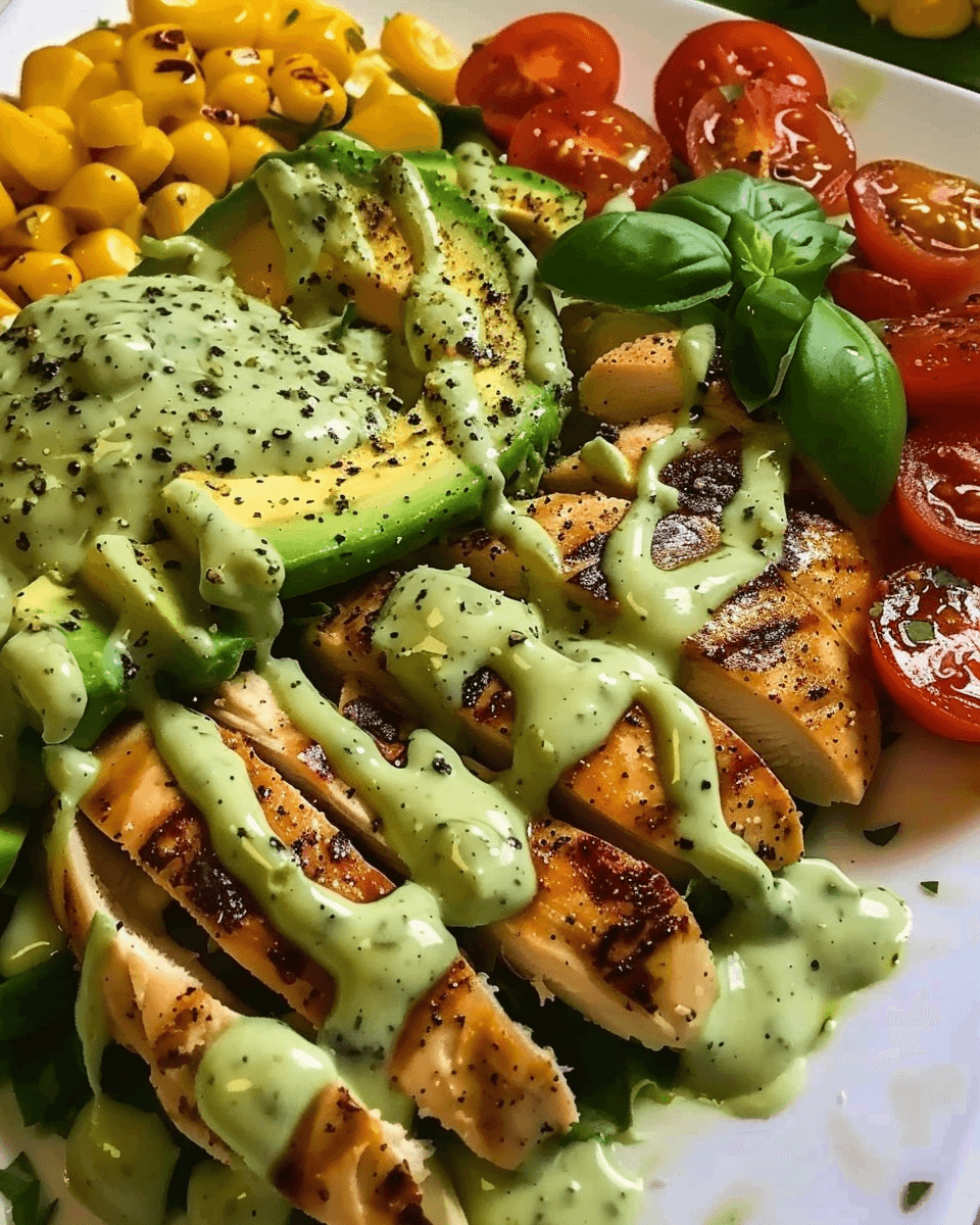 Grilled chicken salad bowl with avocado slices, corn, cherry tomatoes, fresh basil, and creamy green dressing, topped with cracked black pepper.