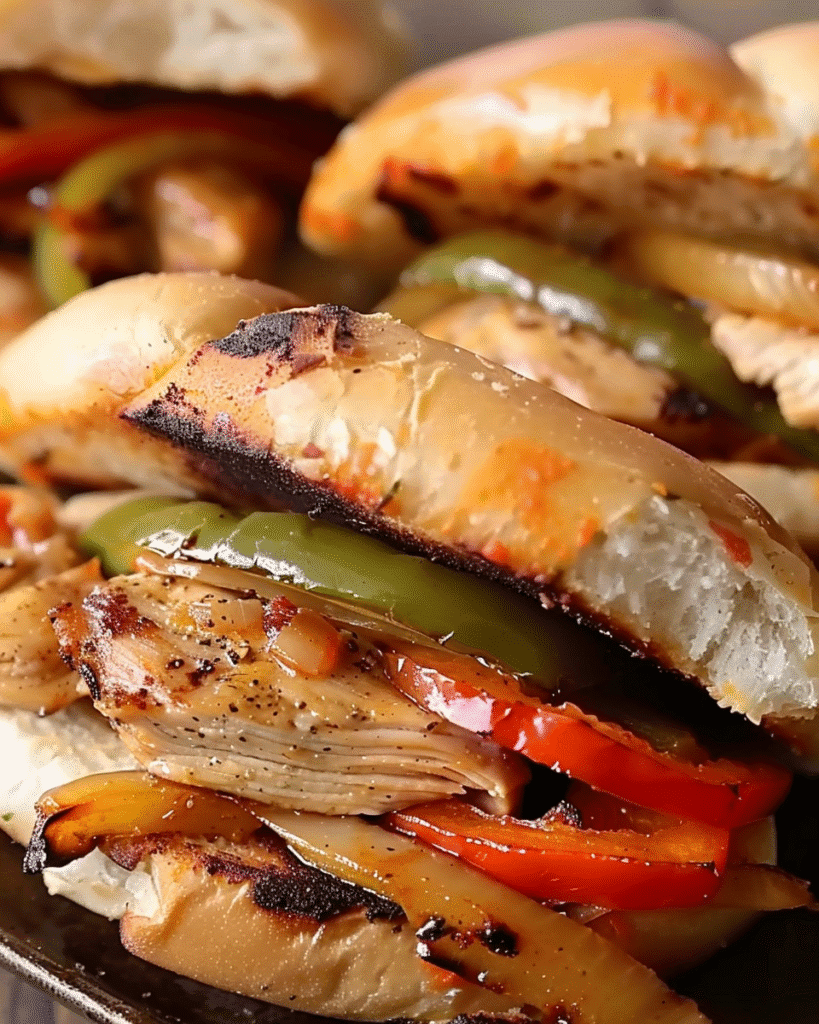 Grilled chicken fajita sliders stuffed with seasoned chicken, sautéed red and green bell peppers, and onions in charred buns.