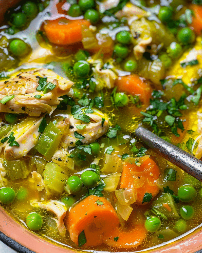 Bowl of turmeric chicken soup with carrots, peas, celery, shredded chicken, and fresh herbs in a golden broth.