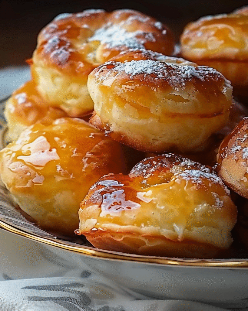 Plate of golden, puffed pastries drizzled with honey and dusted with powdered sugar, resembling Nun’s Puffs.