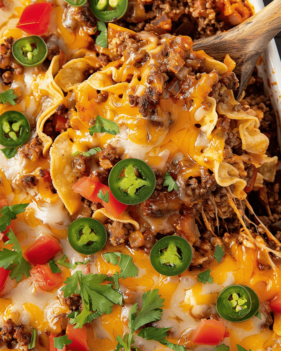 A cheesy taco casserole loaded with ground beef, Fritos corn chips, melted cheese, jalapeño slices, diced tomatoes, and fresh cilantro.