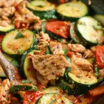 Close-up of a skillet filled with sautéed zucchini, sliced turkey breast, tomatoes, onions, and herbs in a savory Italian-style sauce.