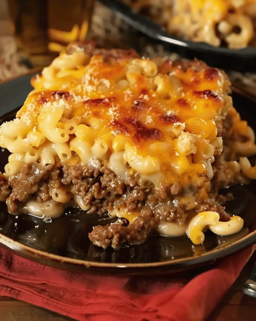 Slice of cheesy baked casserole with layers of macaroni, ground beef, and melted cheddar served on a dark plate.