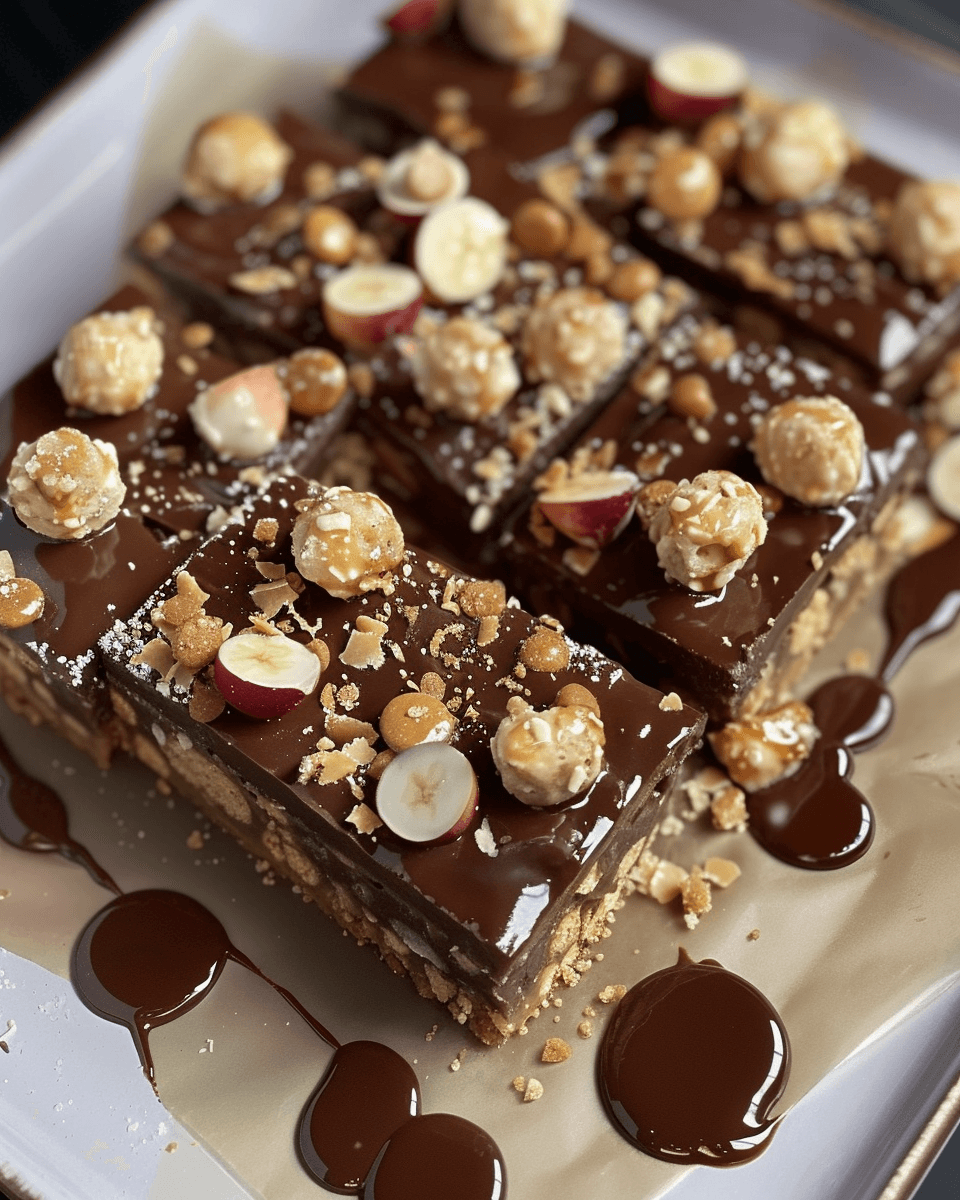 Sliced chocolate bars with a biscuit base, topped with glossy chocolate, halved candies, caramel popcorn, and crushed nuts on a parchment-lined tray.