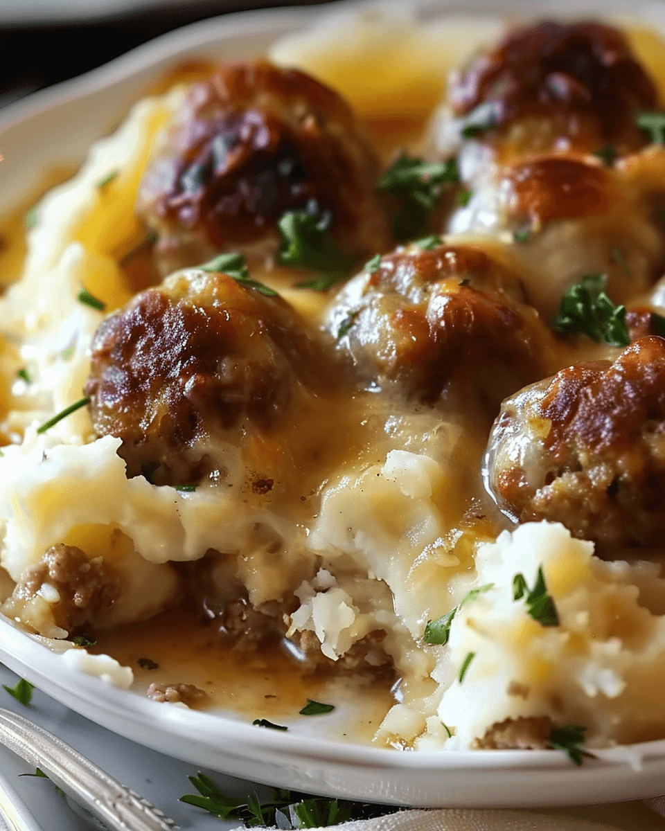 A close-up of cheesy meatballs served over mashed potatoes with brown gravy, garnished with chopped parsley.