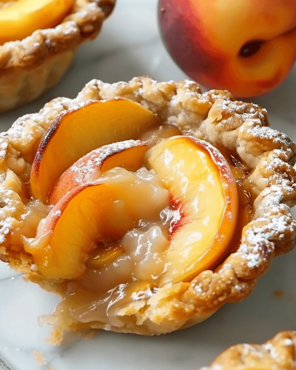 A close-up of a mini peach pie with a flaky crust, filled with creamy peach filling and topped with fresh peach slices and powdered sugar.