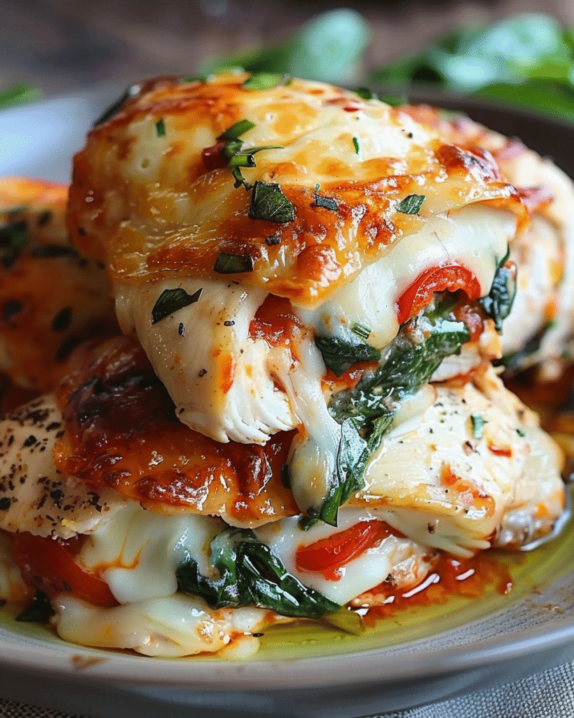 Stacked chicken breasts stuffed with melted mozzarella, sautéed spinach, and red bell peppers, topped with golden cheese and herbs.