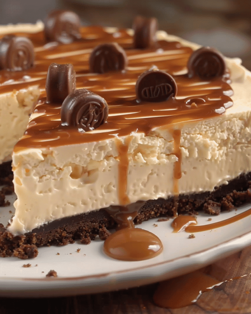 Creamy caramel cheesecake slice with a chocolate cookie crust, topped with Rolos and drizzled with rich caramel sauce.