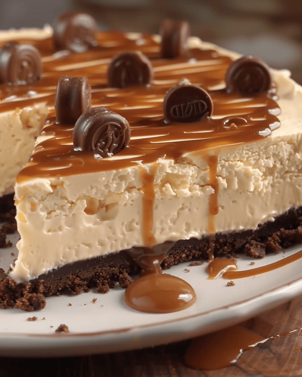 Creamy caramel cheesecake slice with a chocolate cookie crust, topped with Rolos and drizzled with rich caramel sauce.