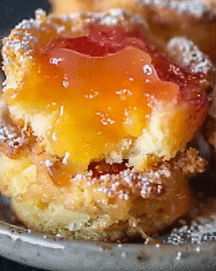 A peach pie cruffin torn open on a plate, showing a thick, glossy peach filling inside a golden, flaky pastry dusted with powdered sugar.