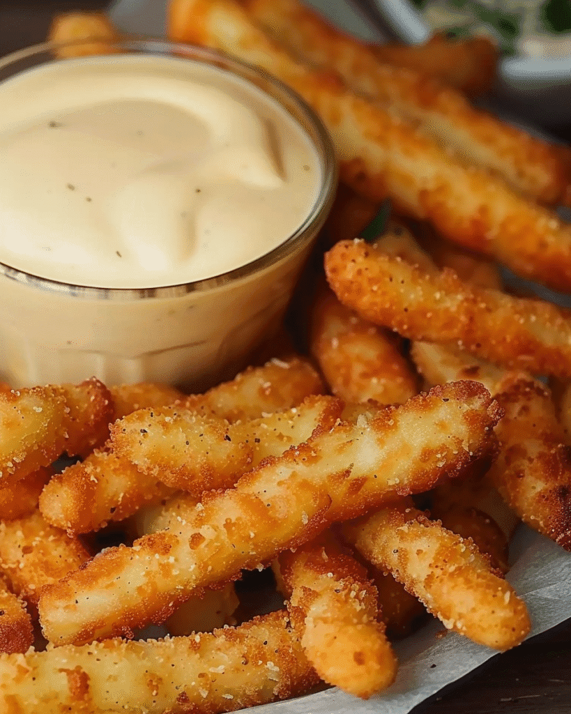 Close-up of crispy potato sticks served with a glass bowl of creamy cheese dipping sauce on a parchment-lined tray.