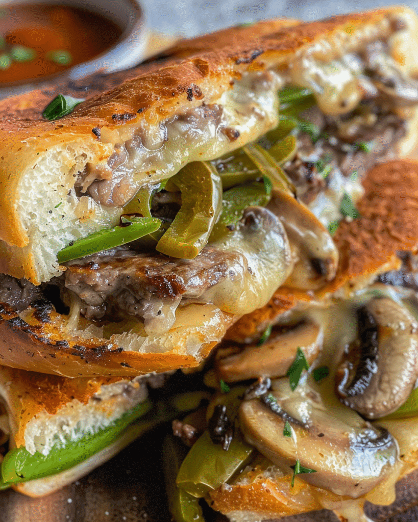 Close-up of a sliced Philly cheese steak stromboli filled with melted cheese, steak, mushrooms, and green peppers, served with a side of marinara sauce.