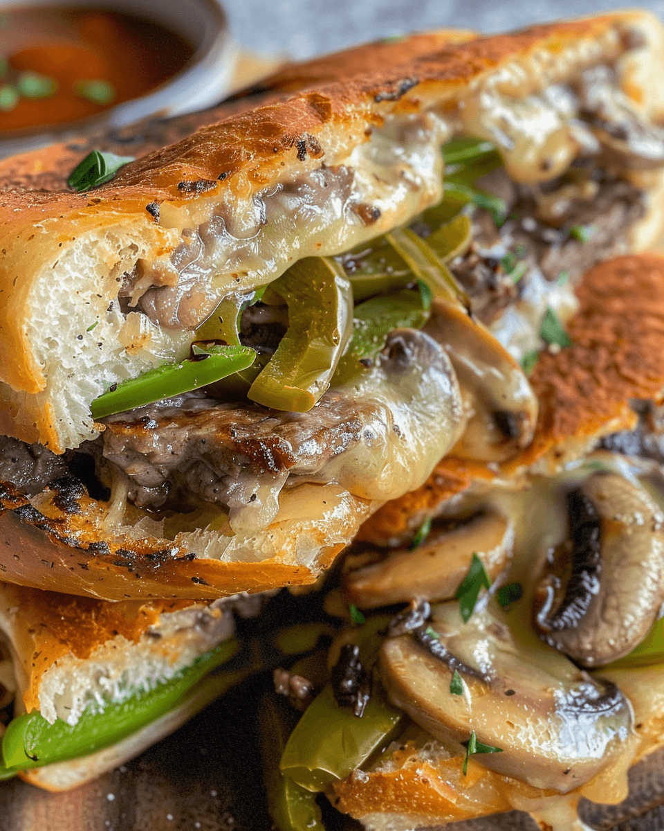 Close-up of a sliced Philly cheese steak stromboli filled with melted cheese, steak, mushrooms, and green peppers, served with a side of marinara sauce.