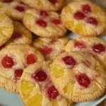 A plate of pineapple upside down sugar cookies topped with maraschino cherries and pineapple chunks.