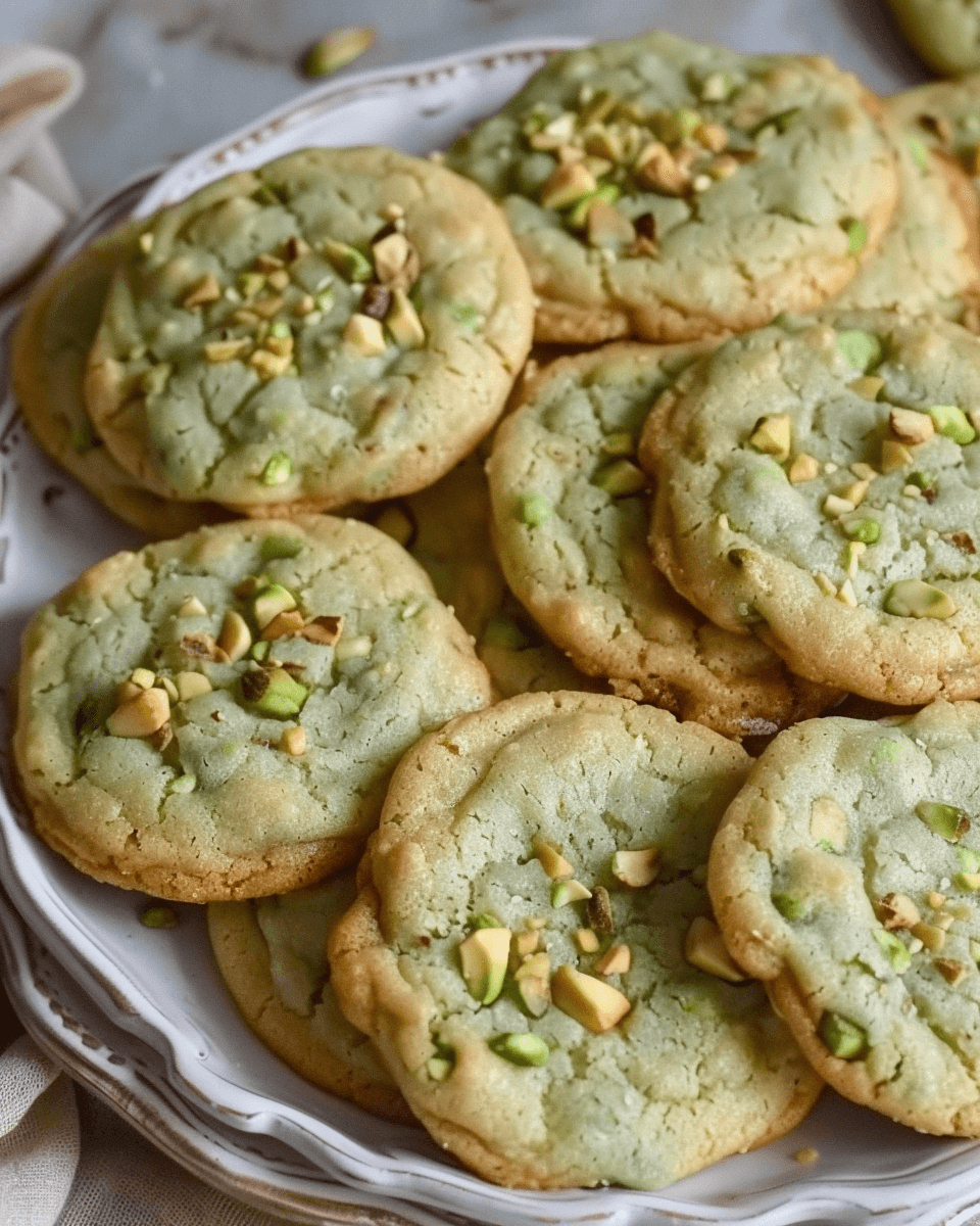A decorative plate filled with pistachio pudding cookies topped with chopped pistachios.