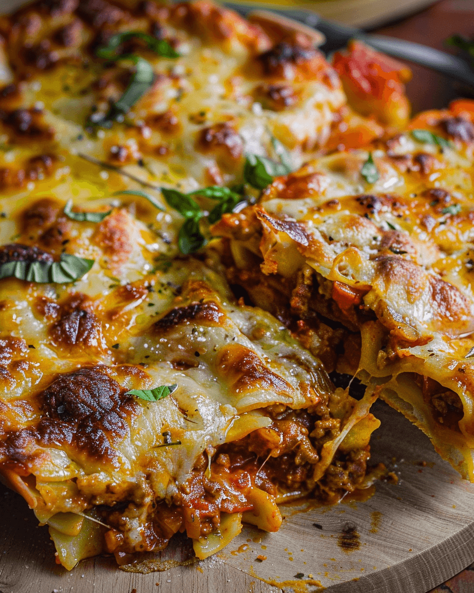 A hearty baked casserole with melted cheese, ground beef, and tomato sauce layered with pasta, garnished with fresh basil.
