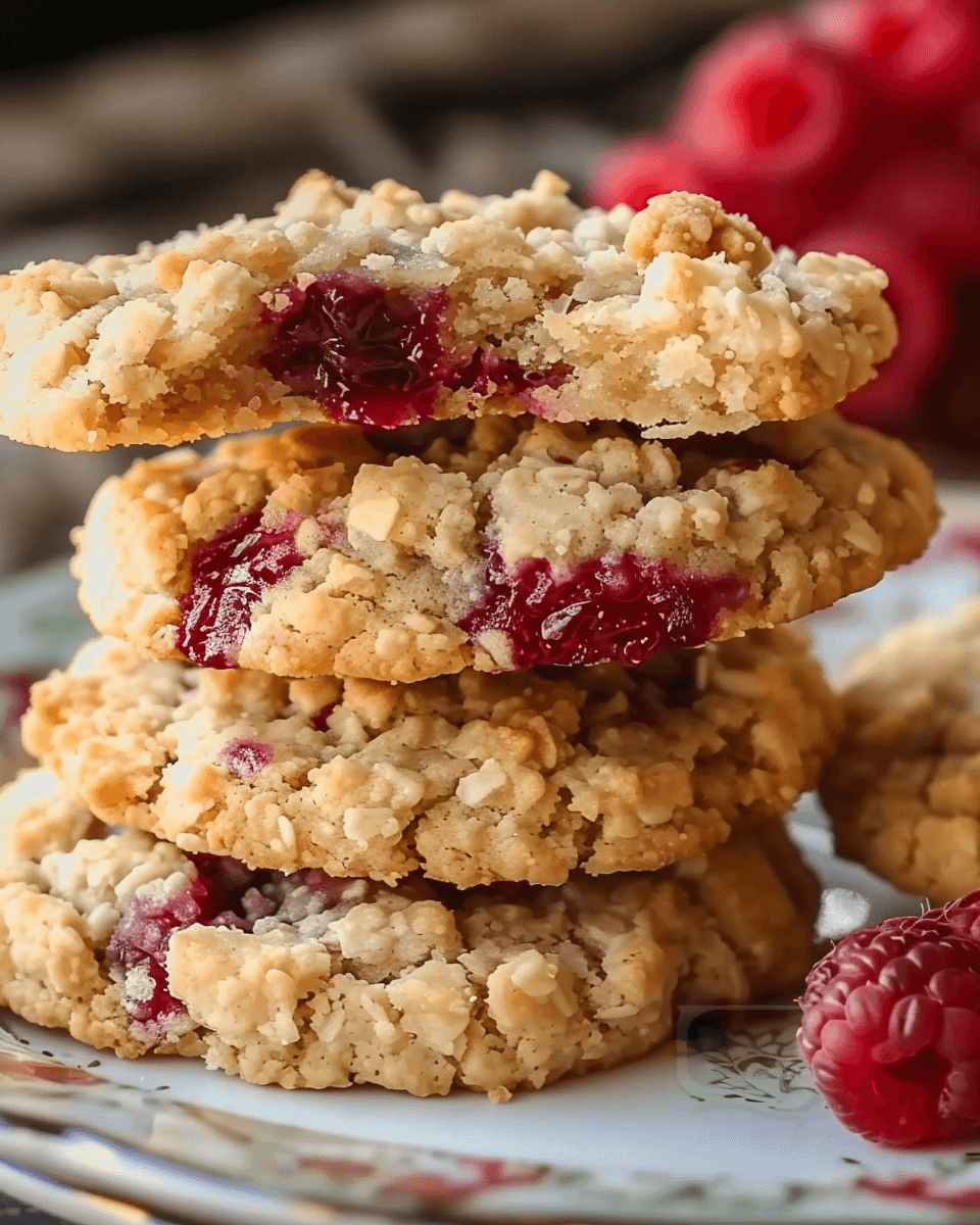 Stack of raspberry crumble cookies with a visible gooey raspberry center and oat topping on a floral plate.