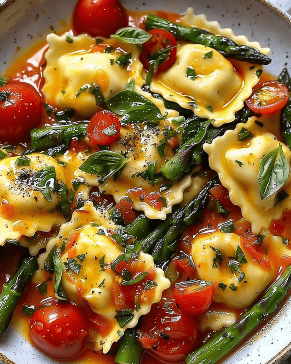 A bowl of cheese ravioli in tomato sauce, topped with cherry tomatoes, asparagus spears, fresh basil, and cracked black pepper.