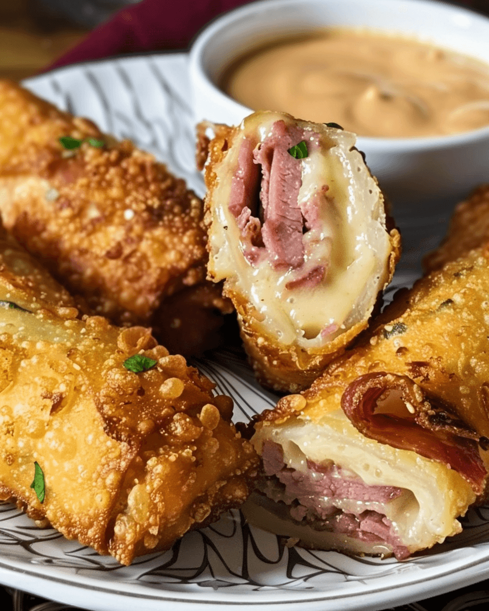 Crispy Reuben egg rolls filled with pastrami and melted Swiss cheese, served with a creamy Thousand Island dipping sauce.