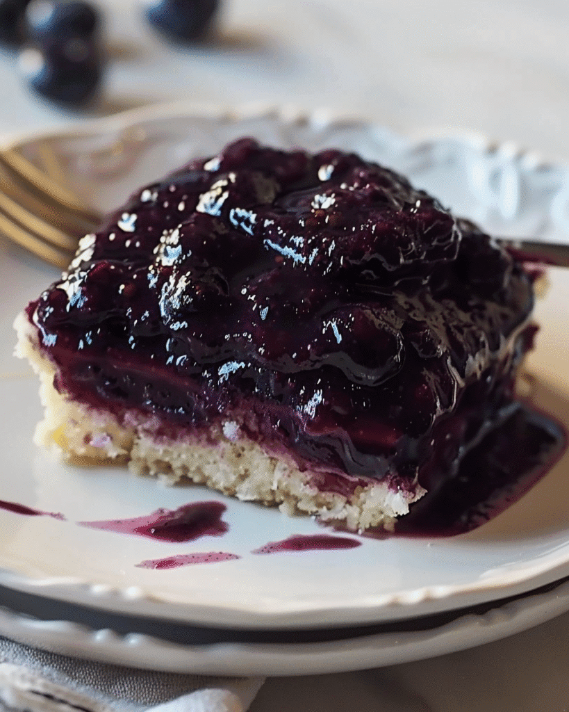 Close-up of a slice of blueberry dessert bar with thick blueberry topping and a buttery shortbread crust on a white plate.