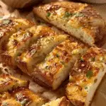 Sliced rustic garlic bread with a golden, crispy crust and melted cheese, garnished with chopped herbs.