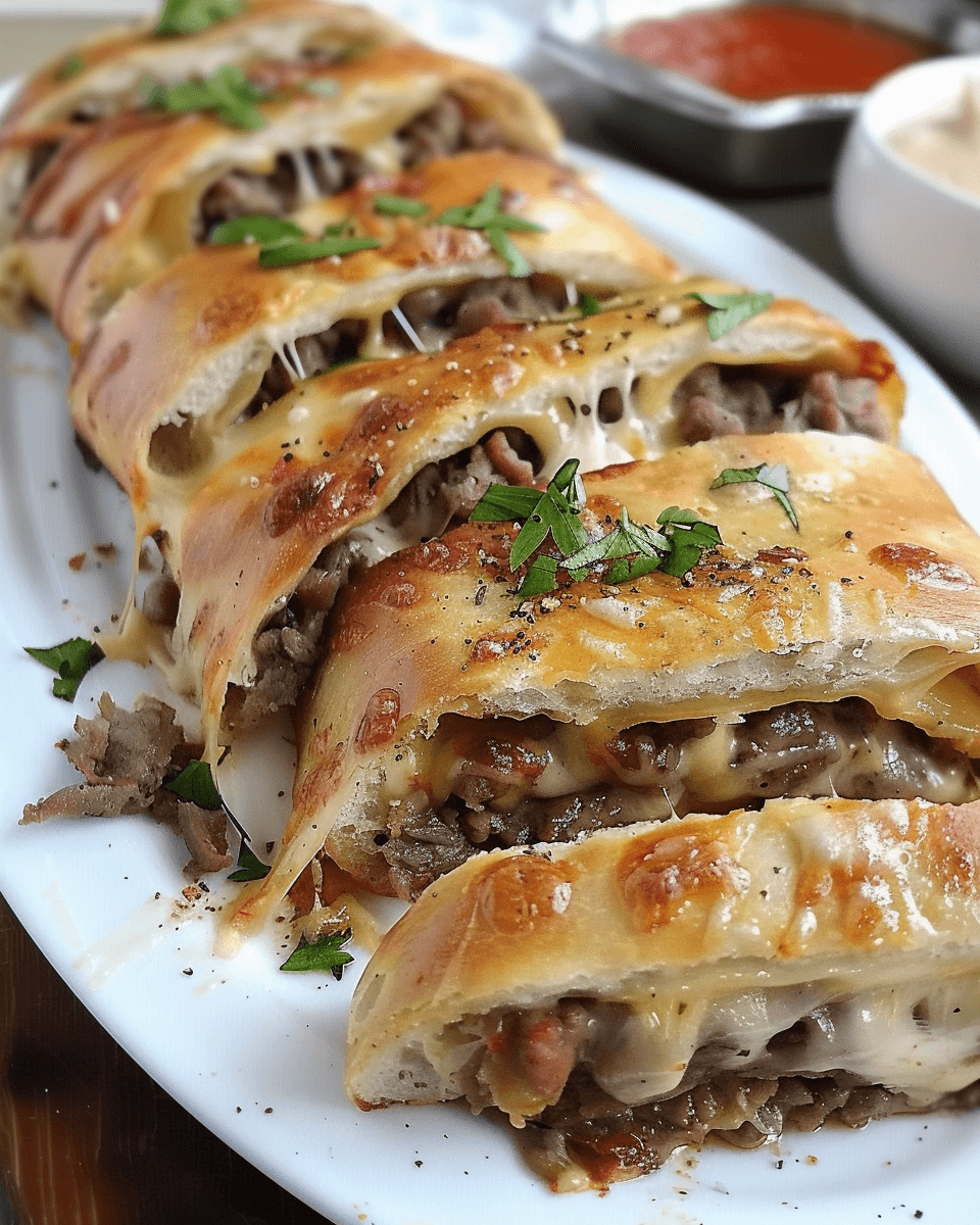 Sliced cheesesteak stromboli filled with melted cheese and seasoned beef, garnished with parsley and served with dipping sauces.
