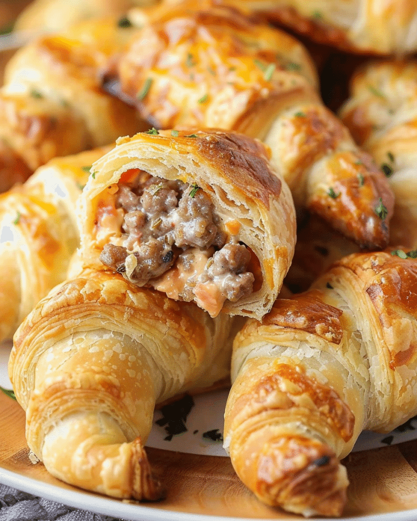Flaky crescent rolls filled with a creamy sausage and Rotel tomato mixture, with one crescent cut open to reveal the savory filling on a plate.