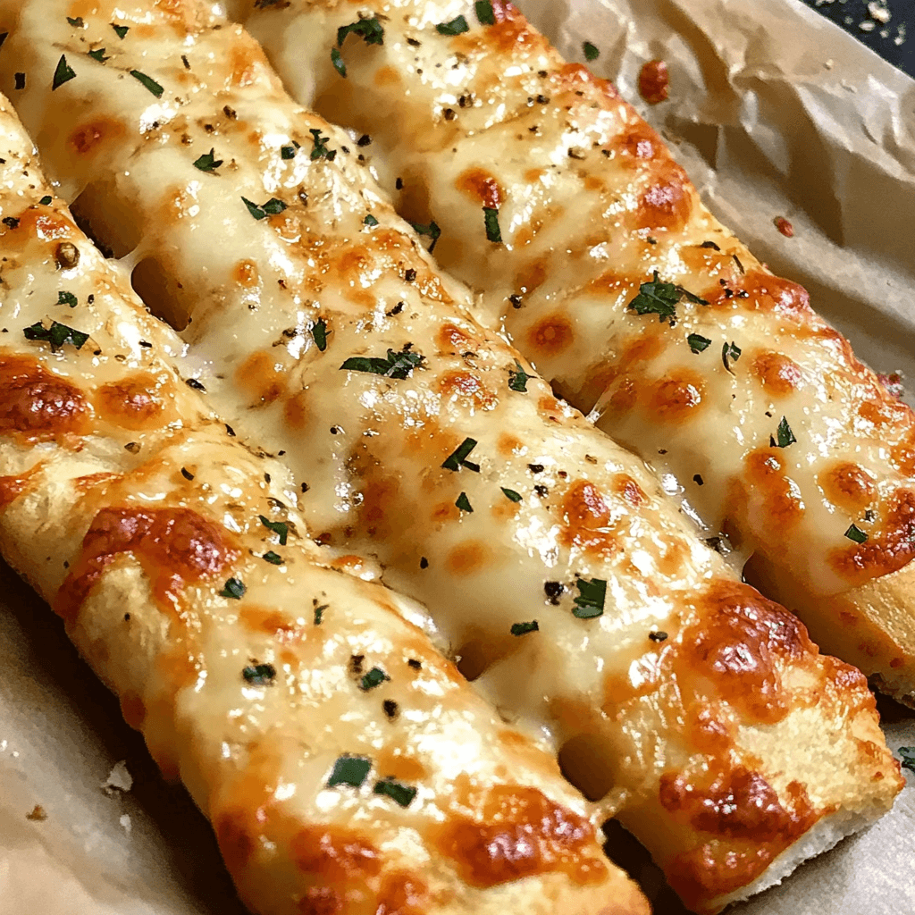 Cheesy garlic breadsticks topped with melted mozzarella, black pepper, and chopped herbs on parchment paper.