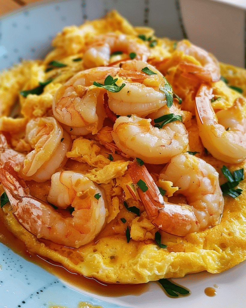 Shrimp and scrambled eggs served on a plate with a light soy-based sauce and garnished with chopped herbs