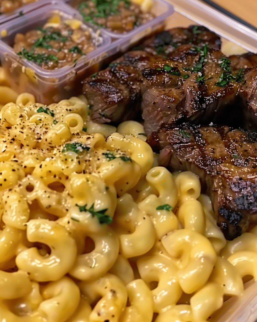 Close-up of creamy macaroni and cheese with grilled garlic butter steak bites, served with baked beans in small containers and topped with herbs and black pepper.