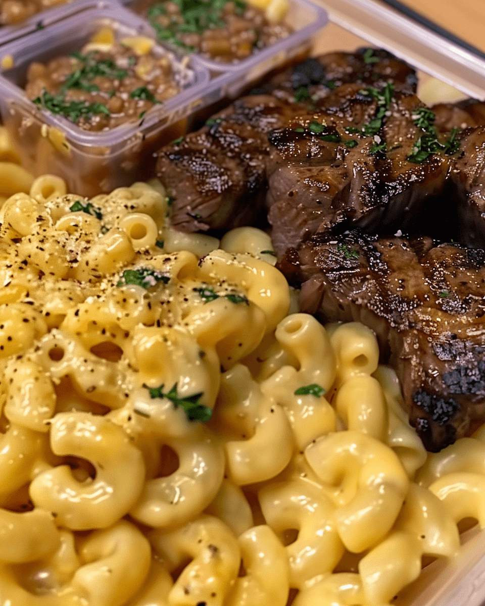 Close-up of creamy macaroni and cheese with grilled garlic butter steak bites, served with baked beans in small containers and topped with herbs and black pepper.