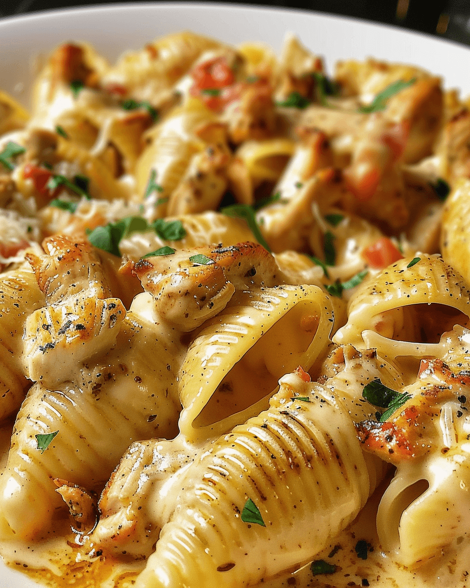 Creamy stuffed pasta shells filled with grilled Cajun chicken and diced tomatoes, coated in a rich cheese sauce and garnished with chopped parsley.