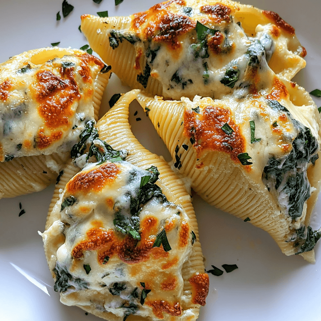 Close-up of baked jumbo pasta shells stuffed with spinach and ricotta, topped with melted, golden-brown cheese and sprinkled with herbs.