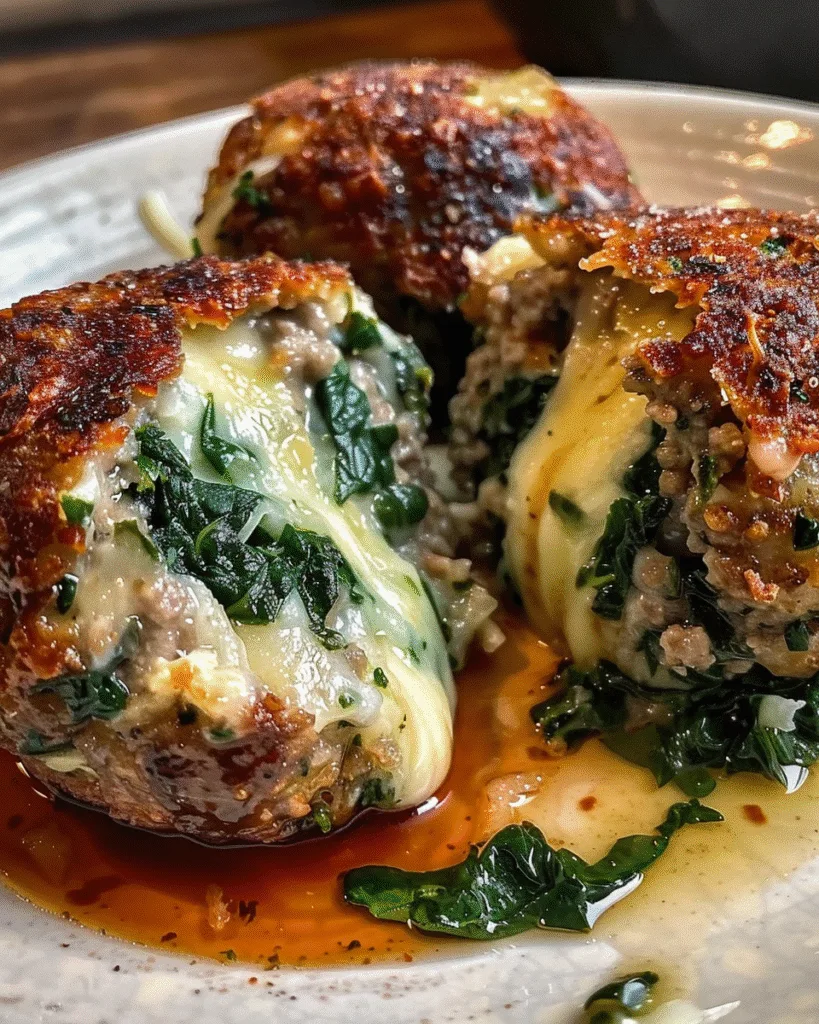 Close-up of golden, crispy spinach garlic meatballs, some cut open to reveal gooey melted mozzarella cheese inside.
