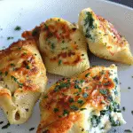 Baked pasta shells stuffed with spinach and ricotta, topped with melted golden cheese and garnished with chopped herbs.