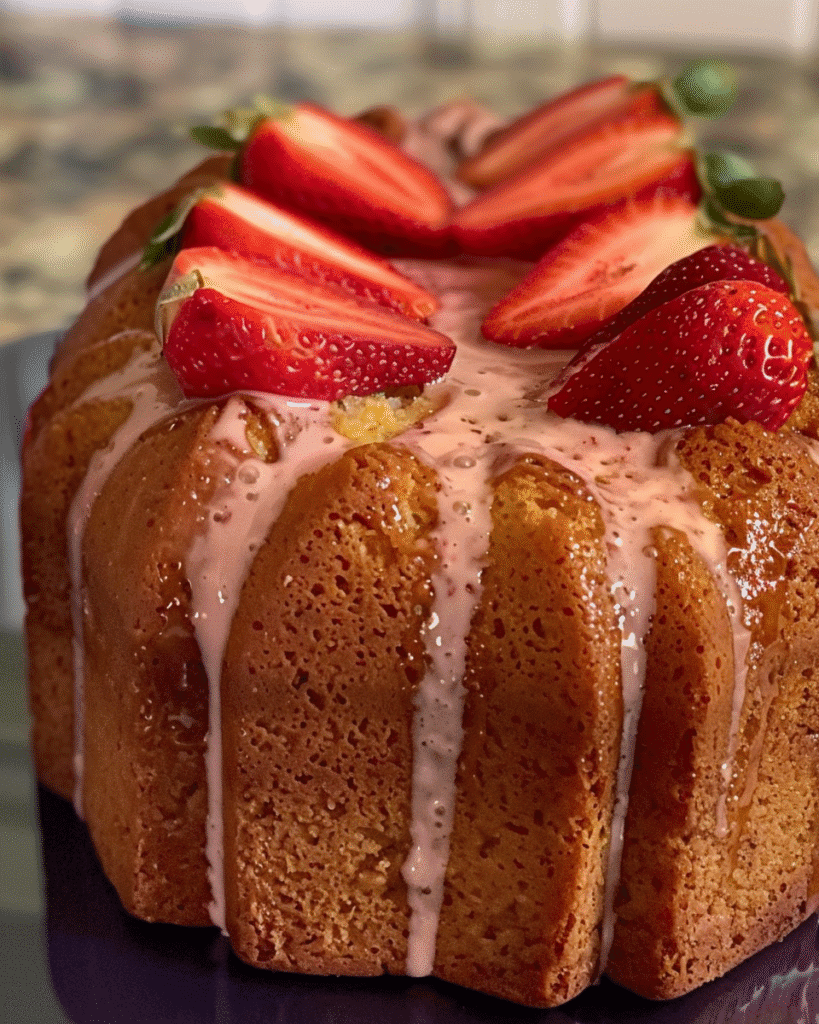Bundt-style buttermilk pound cake topped with halved strawberries and a light pink strawberry glaze drizzle.