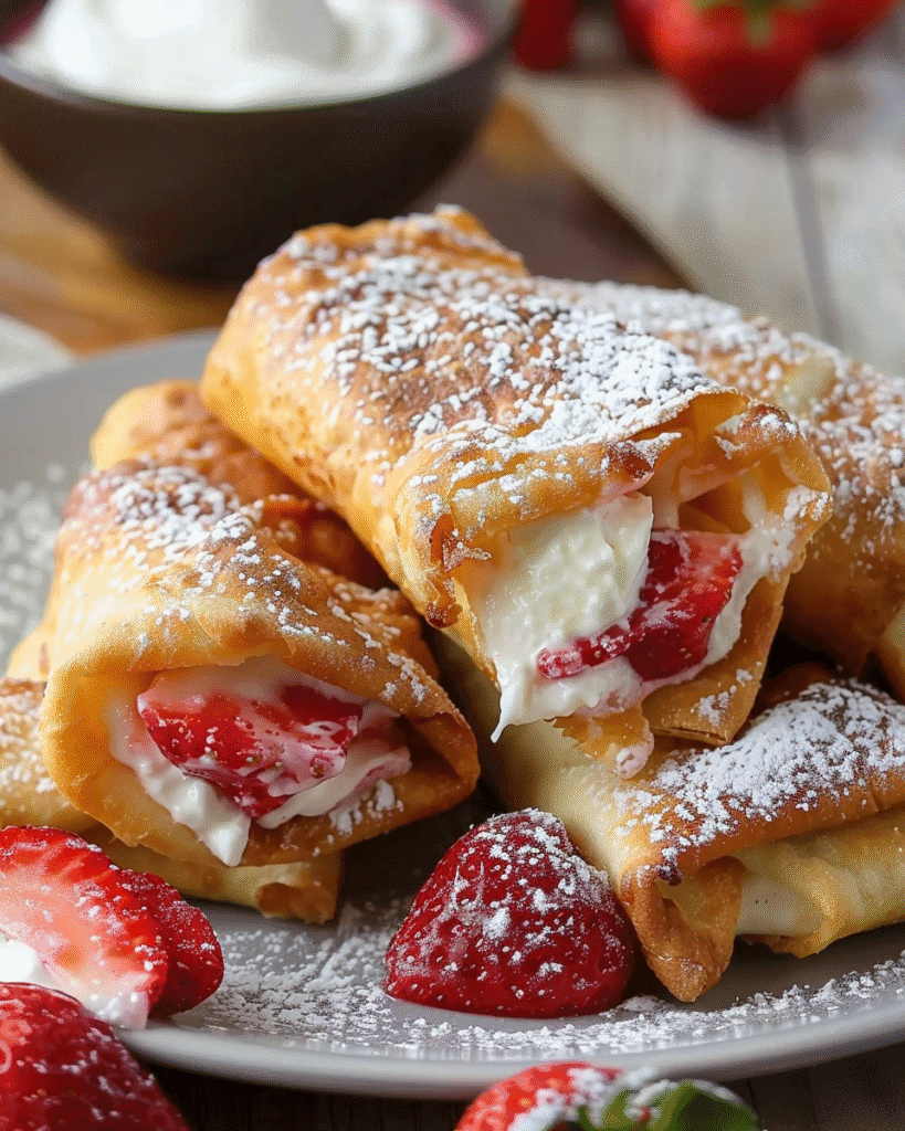 Close-up of golden fried strawberry cheesecake chimichangas filled with creamy cheesecake and fresh strawberries, dusted with powdered sugar and served with whole strawberries.