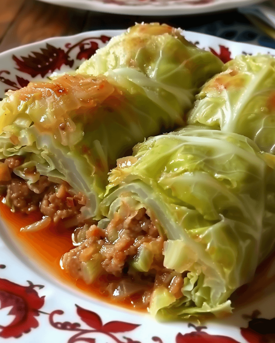 Close-up of stuffed cabbage rolls filled with ground meat and rice, served in tomato-based sauce on a decorative plate.