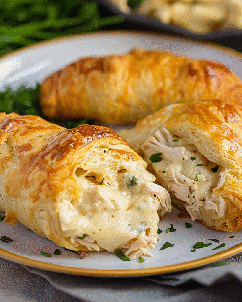 Flaky, golden-brown crescent rolls stuffed with shredded chicken and melted cheese, served on a decorative plate with fresh herbs.