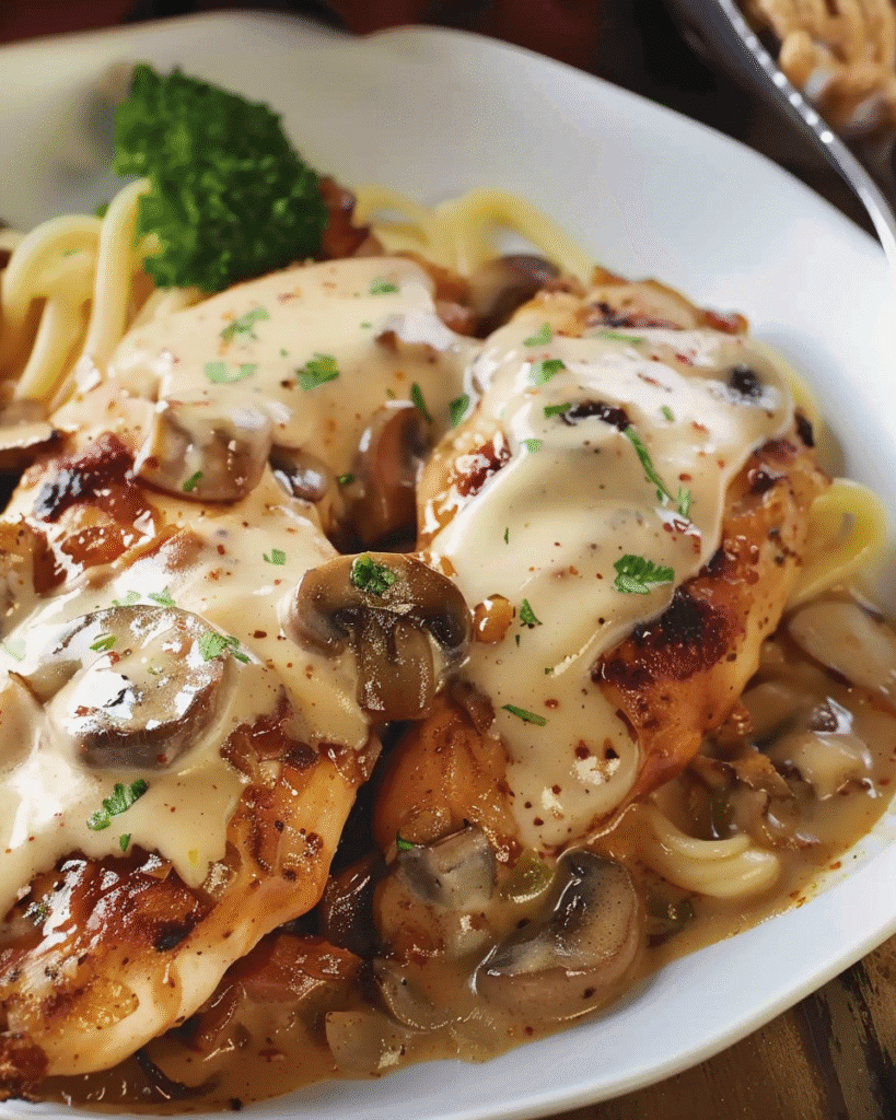 Grilled chicken breasts topped with creamy mushroom sauce, served over noodles with parsley garnish.
