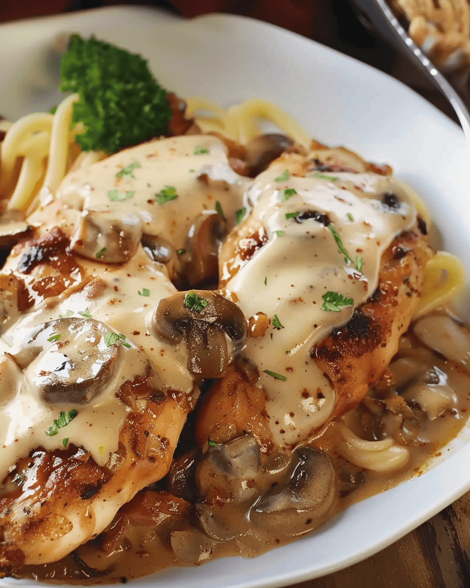 Grilled chicken breasts topped with creamy mushroom sauce, served over noodles with parsley garnish.