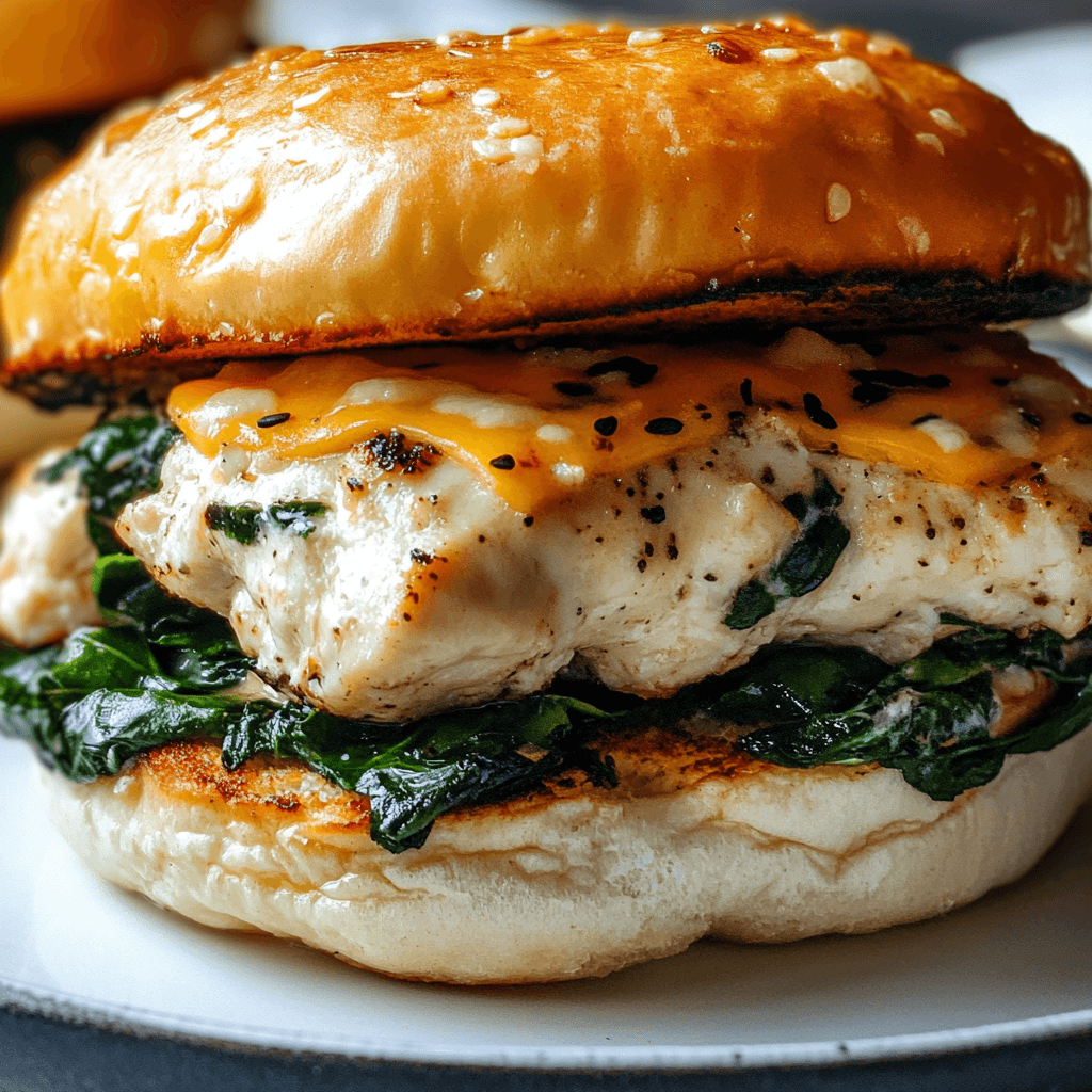 Grilled chicken sandwich with sautéed spinach and melted cheddar on a toasted sesame seed bun.