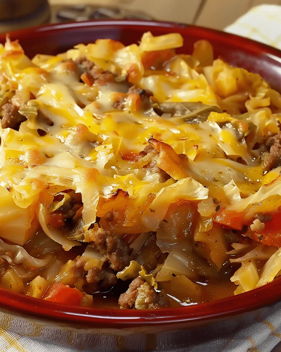 A red bowl filled with a hearty cabbage and ground beef casserole, topped with melted cheese and chunks of tomato and carrots.