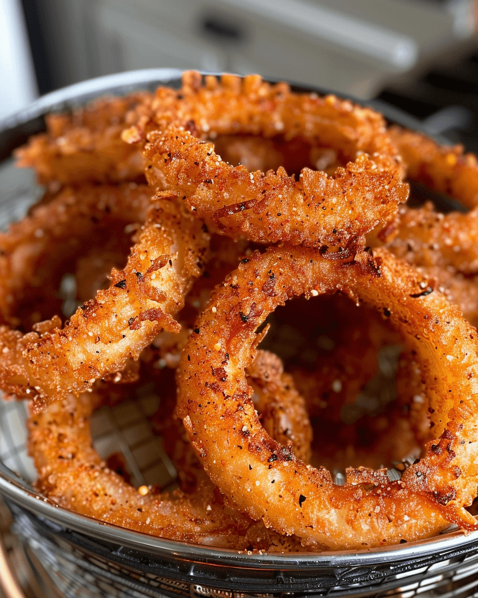 Close-up of golden-brown air-fried onion rings with a crunchy, seasoned coating served in a wire basket.