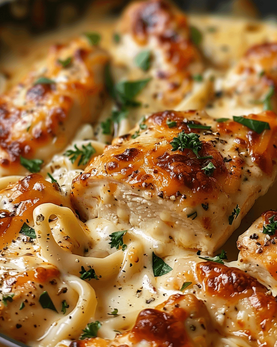 Juicy BBQ cheddar ranch chicken breasts over creamy Alfredo fettuccine, garnished with parsley.