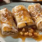 Three baked rice paper rolls filled with spiced apple slices, drizzled with golden caramel sauce and served on a decorative plate.