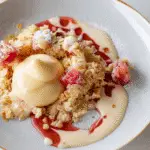 A plated dessert of baked rhubarb custard crumble with vanilla custard, oat topping, and a drizzle of red fruit sauce.