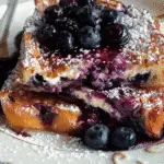 Slices of French toast stuffed with blueberry and cream cheese filling, topped with fresh blueberries, blueberry sauce, and powdered sugar.